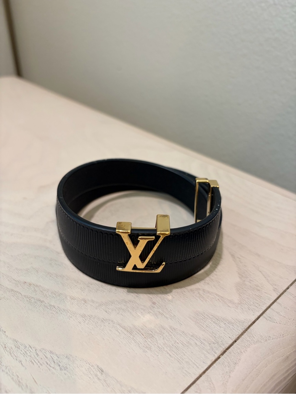 Louis Vuitton Authentic Black Leather Bracelet with Gold LV Logo 35 inch